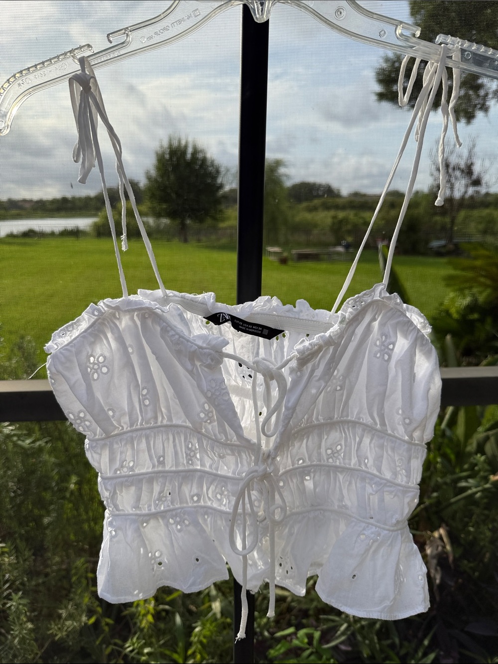 Zara White Eyelet Tie-Front Ruffle Camisole
